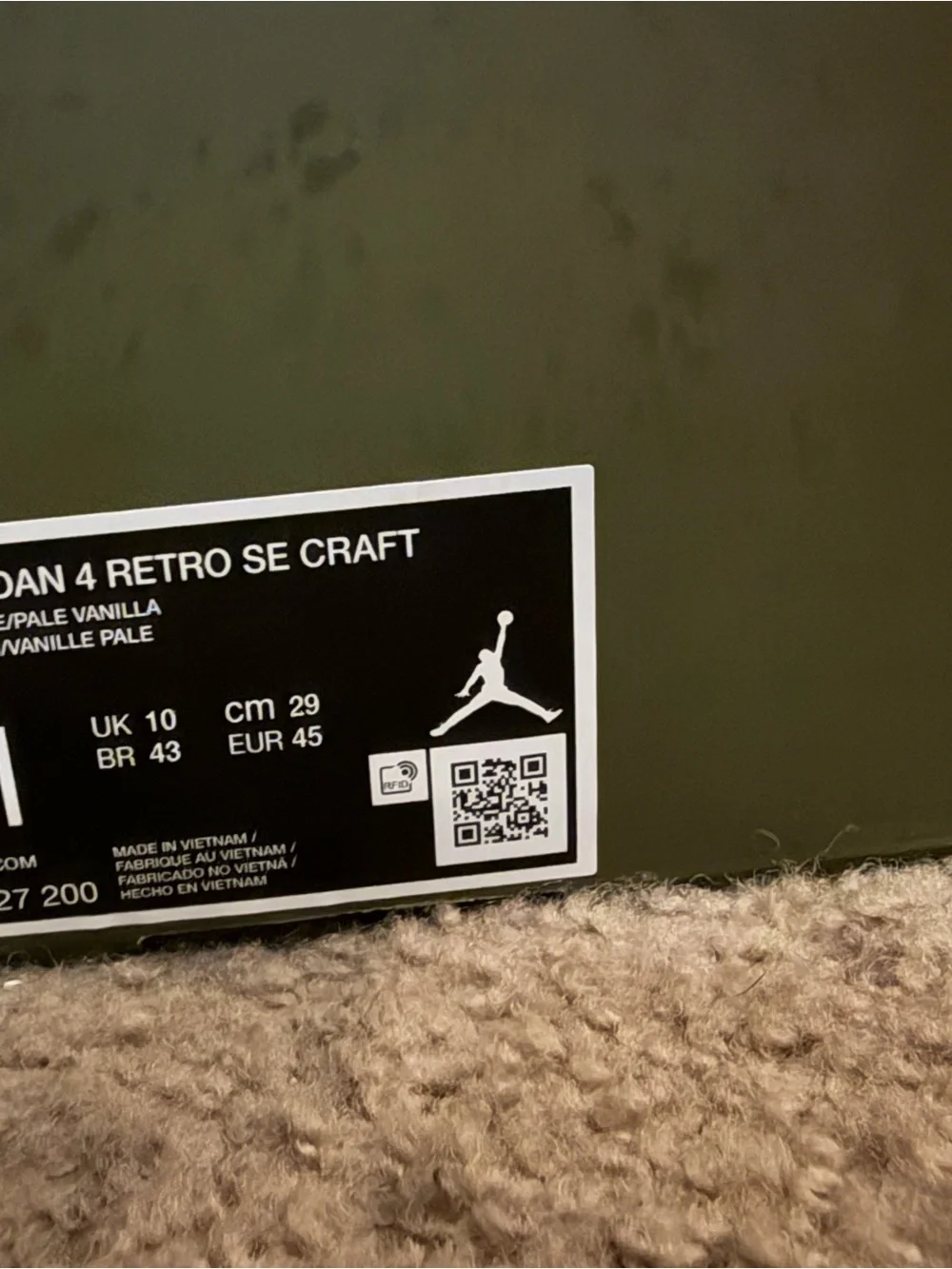 Jordan box in olive green with white label